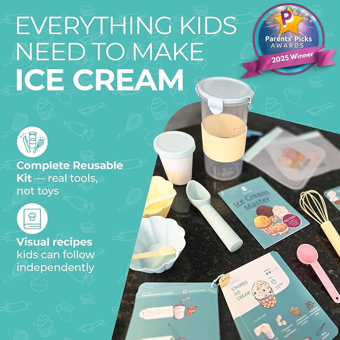 Tovla Jr. Kids Ice Cream Science Maker Kit | Real Reusable | Ages 5-12 | Learning Activity & Gift Set | Includes Visual Recipes, Scoop, Bowls & Shaker