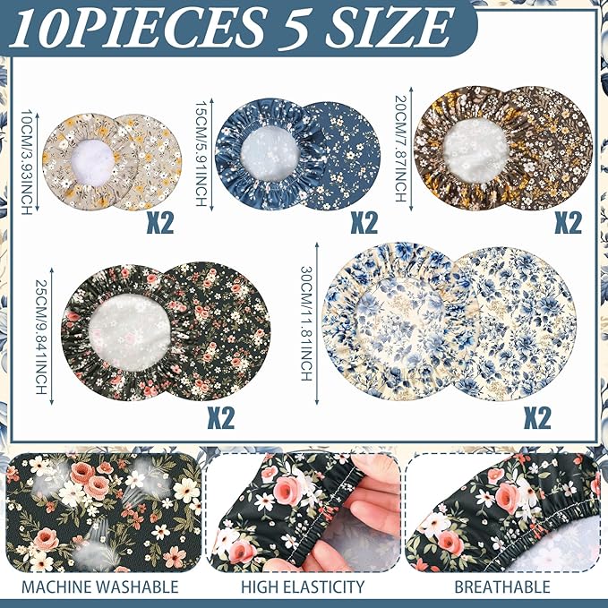 Patelai 10 Pcs Bowl Covers Reusable in 5 Size Stretch Cloth Fabric Elastic Food Storage Bowl Covers Bread Sourdough Lids for Proofing Food Fruits Leftover(Dark Color,Floral Print Style)