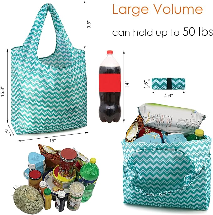 BeeGreen Reusable Grocery Bags Lightweight Durable Shopping Bags Washable Foldable 12 Pack Xlarge Classic Geometric Design Gift Tote Grocery Bags with Elastic Band and Separated Zipper Storage Pouch