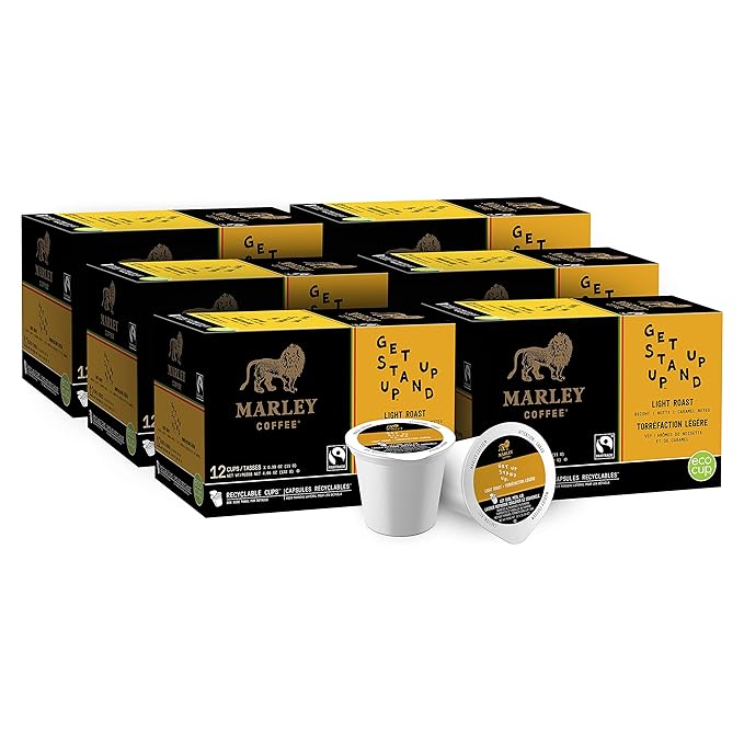 Marley Coffee Get Up Stand Up, Fairtrade Certified, Light Roast Coffee, Keurig K-Cup Brewer Compatible Pods, 12 Count (Pack of 6)