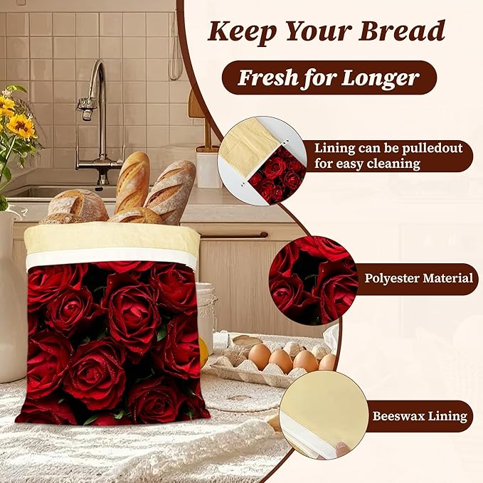 Bread Bags for Homemade Bread, Red Rose Flower 2 Pack Linen and Beeswax Sourdough Storage Bags, Reusable Keeper, Keeps Breads Fresh Longer, Gifts for Bakers
