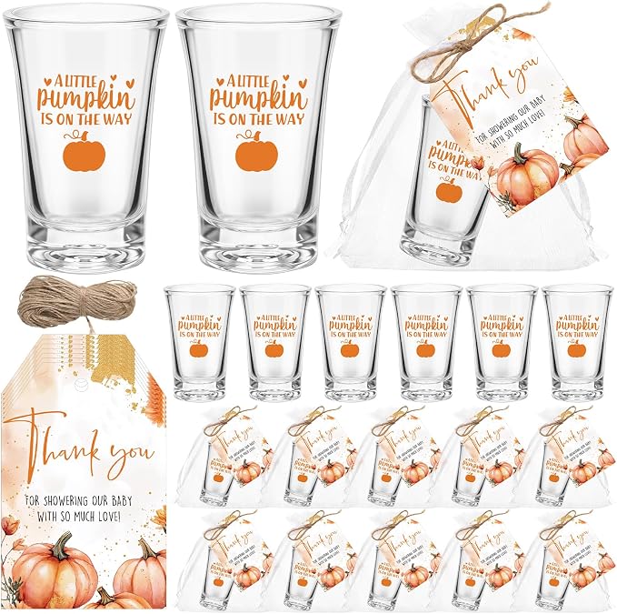 Pickmesh 50 Sets Baby Shower Shot Glasses for Guests Include Acrylic Clear Shot Glasses Thank You Cards Organza Bags Babies Shower Gifts for Gender Reveal Party Supplies (Pumpkin Theme)
