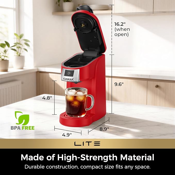 CHULUX Lite Single Serve Coffee Maker for K Cup Capsules, Single Cup Reservoir Coffee Maker with One Touch Brewing, 5 to 12 Oz Brew Sizes, Designed Specifically for Standard Mugs, Red