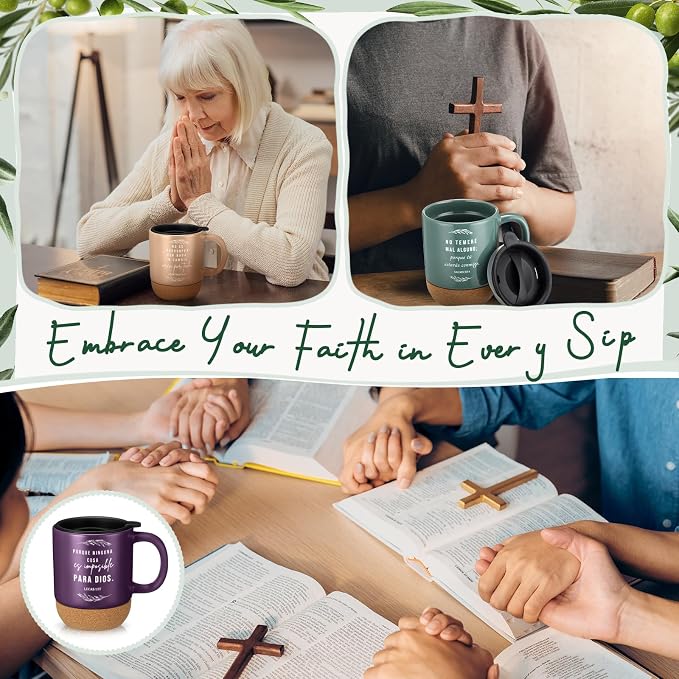 Jingmore 10 Pcs Christian Gift Bulk Religious Mugs with Bible Verse Coffee Cup 15oz for Teacher Nurse Women Men Church Member Employee Mom Dad Clergy Pastor(Leaves, Spanish)