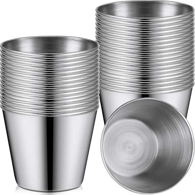 100 Pieces 1.5 oz Metal Ramekins Dipping Sauce Cups Stainless Steel Condiment Cups Small Metal Ramekins for Kitchen Restaurant Camping BBQ Party Seafood