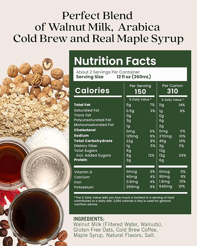 Elmhurst 1925 Maple Walnut Latte – Plant-Based, Vegan, Dairy-Free Plant Milk Latte Made of Walnut Milk, Cold Brew Premium Arabica with 95mg Caffeine & Real Maple & Brown Sugar – 25.4oz (Pack of 6)