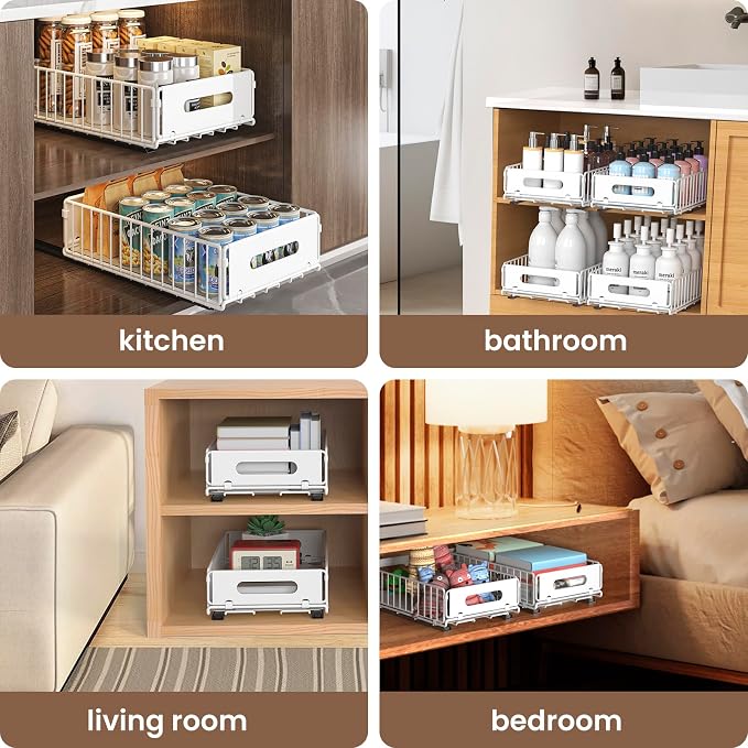 2 Pack Pull Out Cabinet Organizer, Heavy Duty Slide Out Drawer with No Drill Adhesive or Screw Mount, Carbon Steel Roll Out Shelf for Kitchen Cabinet, Pantry & Bathroom Storage