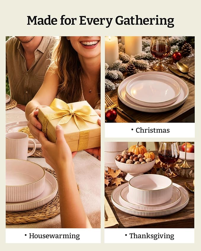 Famiware Star 12-Piece Stoneware Dinnerware Set for 4 – Pink, Ribbed Ceramic Plates and Bowls with Rim – Modern Rustic Dishes, Everyday & Formal – Chip & Scratch Resistant, Microwave & Dishwasher Safe