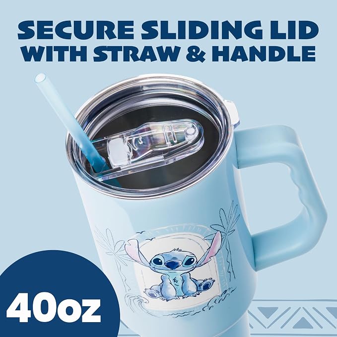 Silver Buffalo Disney Lilo and Stitch Minimalistic Design Ocean and Tropical Double Walled Stainless Steel Tumbler with Handle and Straw, Fits in Standard Cup Holder, 40 Ounces