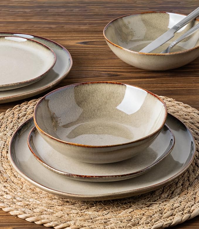 GBHOME Stoneware Dinnerware Sets for 4,12 Pieces Rustic Earthenware Plates and Bowls Set,Handmade Reactive Glaze Ceramic Plate Sets, Chip Resistant Dishes, Microwave & Dishwasher Safe, Smokey Taupe
