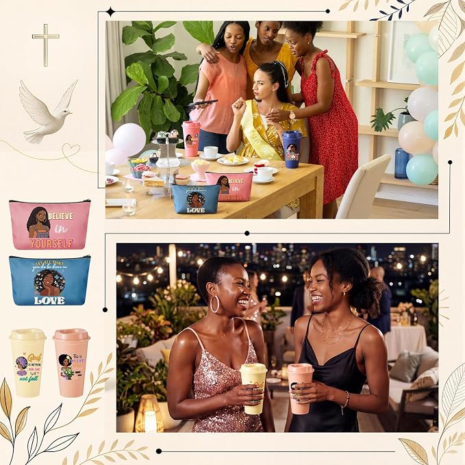 Hollowfly 12set/48pcs African Americans Black Women Christian Gifts Set Include 16oz Coffee Cup with Lid, Makeup Bags, Mirrors, Notepad, Black Owned Inspirational Gift for Women(Morandi)