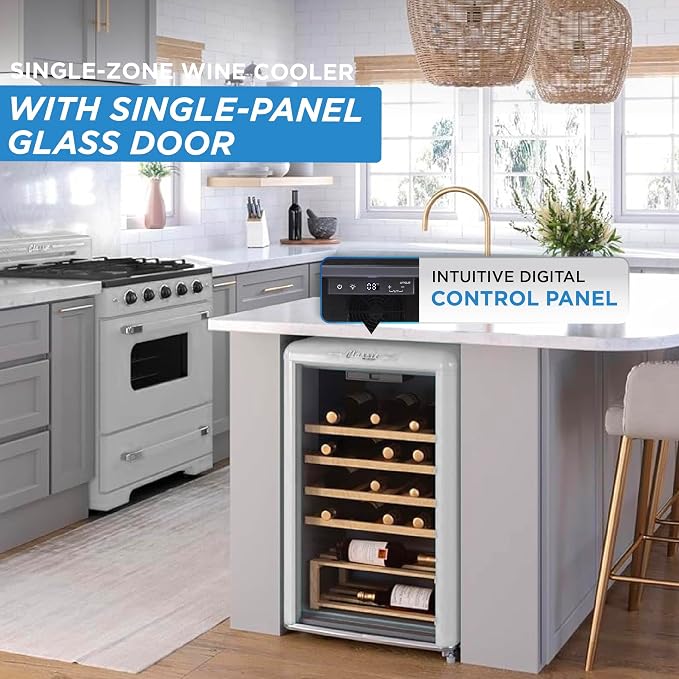 Unique Appliances Classic Retro Electric Wine Cooler, 28-Bottle Wine Fridge with Adjustable Wooden Shelves and Intuitive Digital Control Panel, Single Zone, 21", Marshmallow White