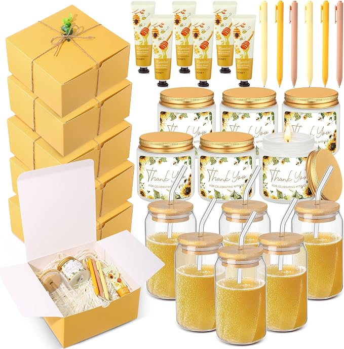 Reallnaive 6 Sets Baby Shower Prizes for Game Winners, Baby Shower Favors Including Glass Cup Scented Candles Hand Cream Pens Gift Box with Raffia for Gender Reveal Wedding Bridal Party Prizes(Yellow)