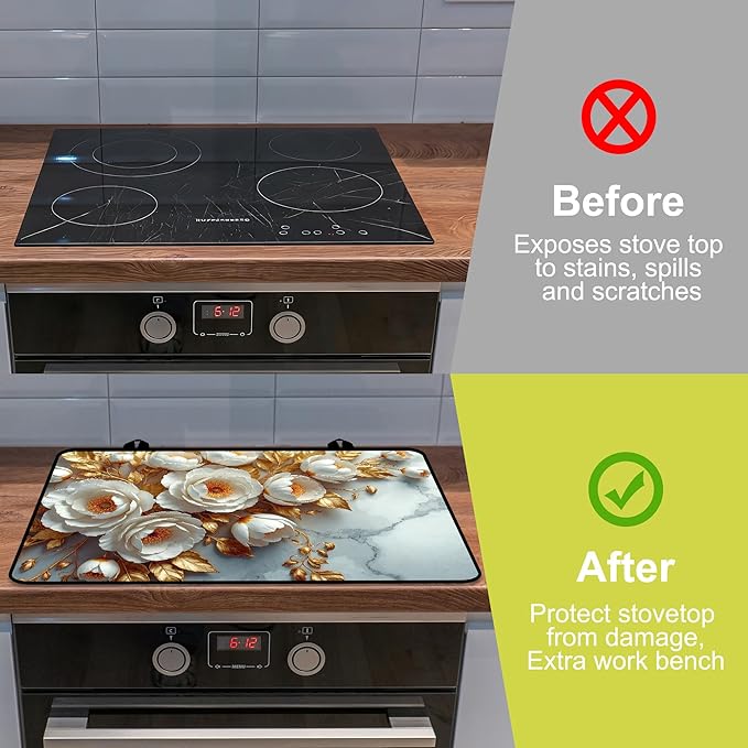 Glass stove top cover 28"x 20", Stove Top Covers for Electric Stove, Flat Range Mat for Glass Cooktop, Kitchen Heat-Resistant Protector Mat Non-Slip Drying Mat (Peony)