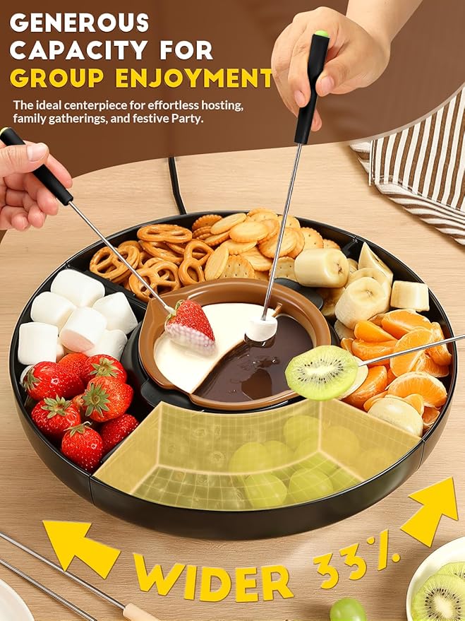 LUSHYUM Electric Chocolate Fondue Set, 4-Cup Chocolate, Rotating Tray | Melt & Warm Modes, Dual Silicone Inserts, 6 Color-Coded Forks, Easy-Clean, Ideal for Candy Melts, Couple Family, Date Night