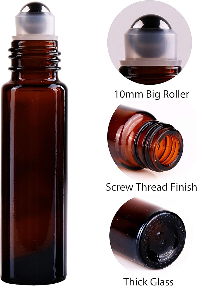 inice 24 Pack Roller Bottles for Essential Oils, Amber Galss 10ml Roll On Bottle with Stainless Steel Roller Balls and Metal Caps
