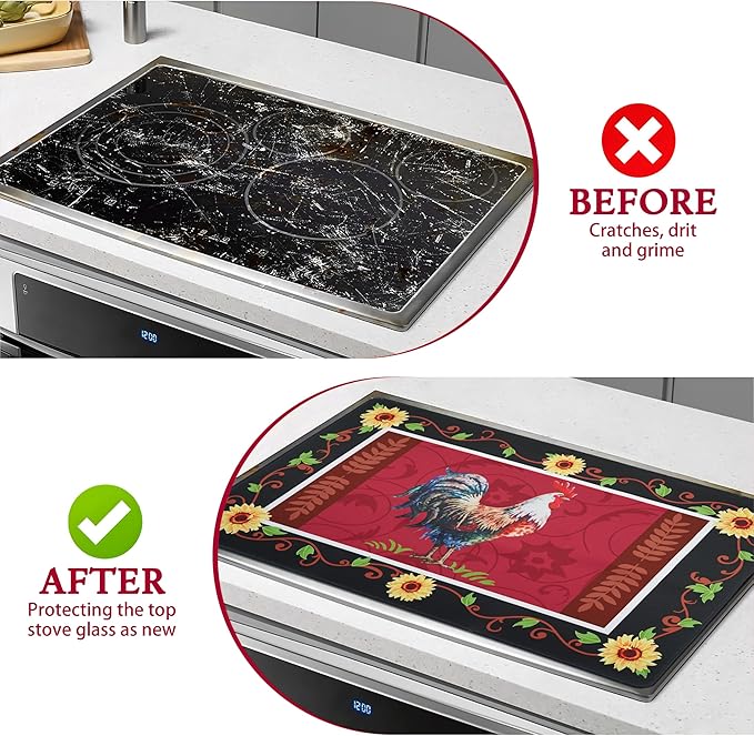 Farmhouse Rooster Stove Top Covers for Electric Stove 20x28 Inch Farmhouse Heat Resistant Glass Top Stove Cover Washable Foldable Cooktop Protector