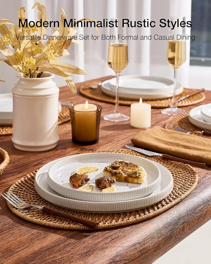 Famiware Star 12-Piece Stoneware Flat Plate Set for 6-10.5" Dinner Plates & 8" Salad Plates, High Edge Dishes Dinnerware Sets, Chip & Scratch Resistant, Microwave & Dishwasher Safe, Matte White