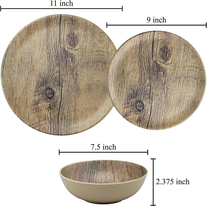 UPware 12 Piece Wood Grain Melamine Dinnerware Sets, Outdoor Dishes Set, Plates and Bowls Sets, Service for 4, Brown