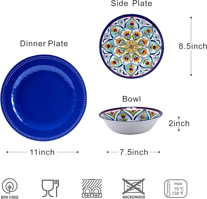 Melamine Dinnerware Sets, 12Pcs Durable Plates and Bowls for 4, Lightweight Dishes Dinnerware Sets for Indoor and Outdoor Use, Dishwasher Safe BPA free (Retro Style)