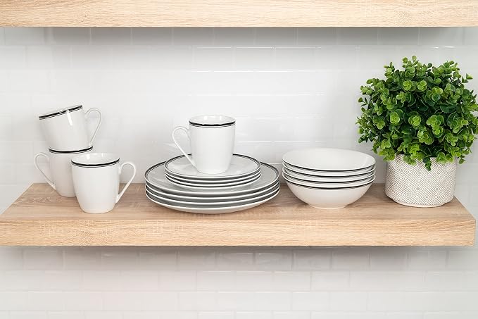 10 Strawberry Street Café Stripe 16 Piece Coupe Dinnerware Set, Black