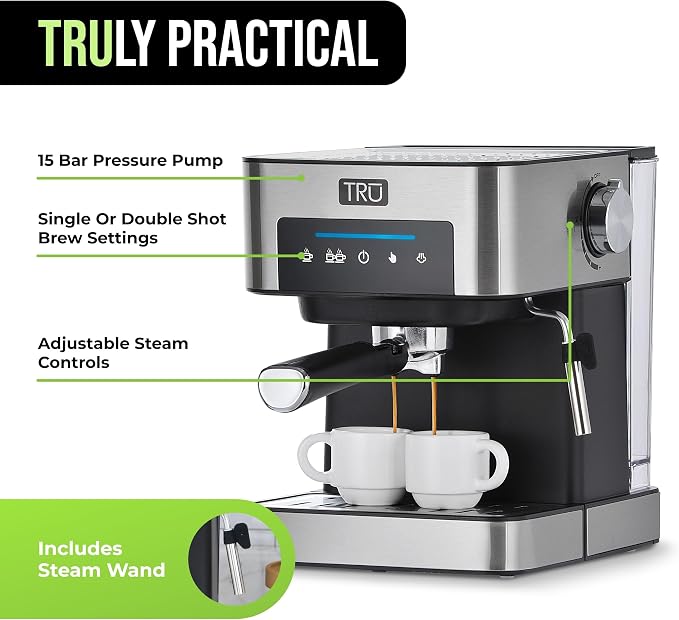 Tru Touch Screen Espresso Maker - Automatic Espresso Machine with Single & Double Shot Brew Settings - Comes with Steam Wand & Cup Warmer - Easy-to-Clean & Maintain - 56-Ounce Water Tank