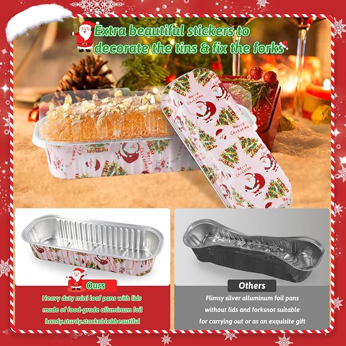 50Pack Pink Christmas Mini Loaf Pans with Lids Mini Cake Pans with Lids and Spoons, 6.8Oz Aluminum Foil Pans Tins, Individual Dessert Cups Containers for Sales,Party,Picnics