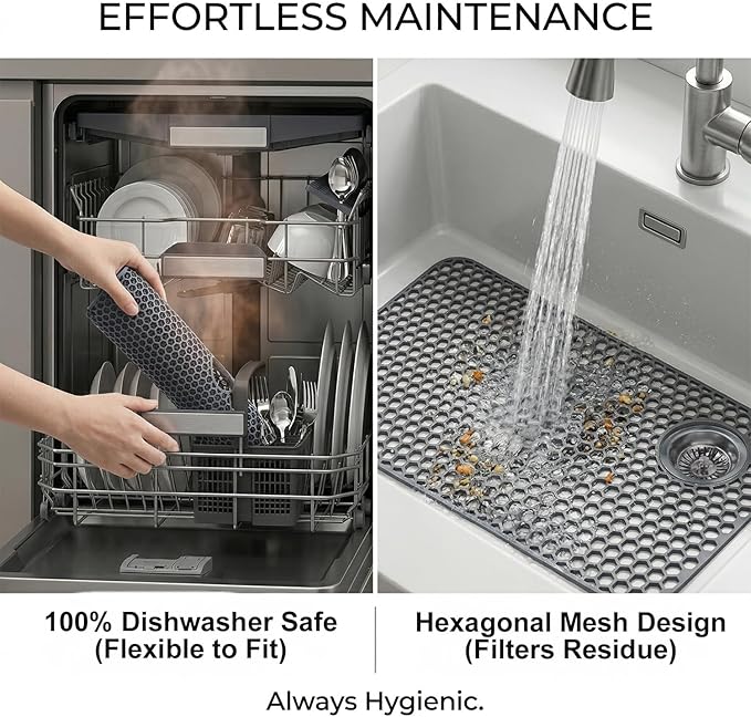Silicone Sink Protectors for Kitchen - Non-Slip Heat Resistant Grid Mat for Farmhouse Porcelain Stainless Steel, Protects & Cushions Your Sink(Gray 1PCS, 28.5"x14.5" Right-Side Drain)