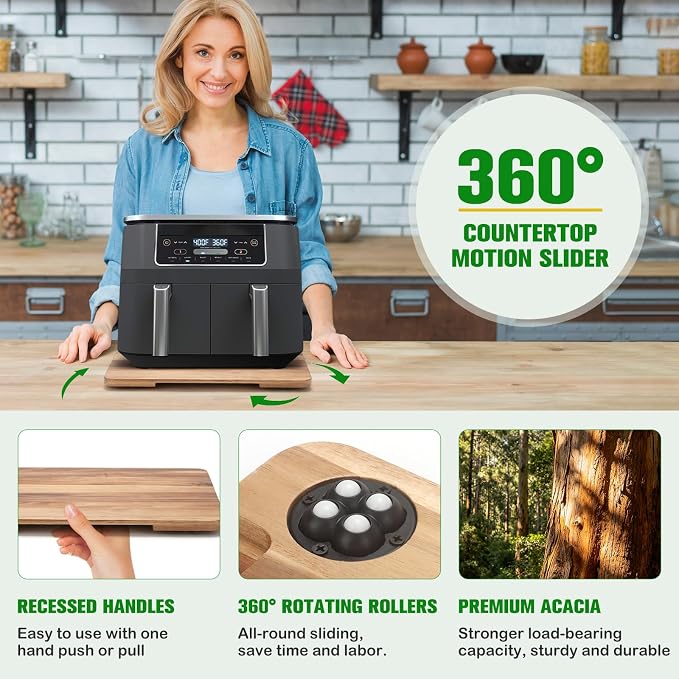 Appliance Slider 360° Rolling Tray for Coffee Maker- Bamboo Coffee Pot Slider Tray for Countertop Rotation Sliding Tray with Wheels, Appliances Mat Easily from Under the Cabinet, Acacia (15.7"×13")