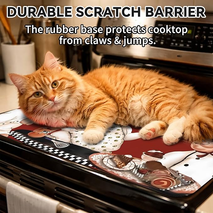 Decorative Stove Top Covers for Electric Stove 28"x20" – Heat Resistant Glass Cooktop Protector Dish Drying Mat – Non-Slip Rubber Backing Washer Top Cover Waterproof Extra Counter Space (Chef)