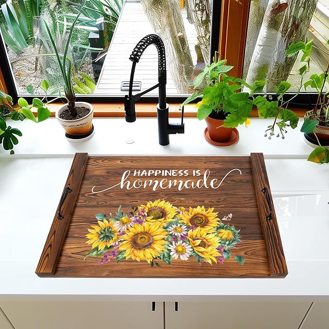 Noodle Board Stovetop Cover with Handles, Sunflower Kitchen Decor Wood Block Covers for Electric & Gas Stove, RV Stove Burner and Sink, Farmhouse Decorative Wooden Tray for Kitchen