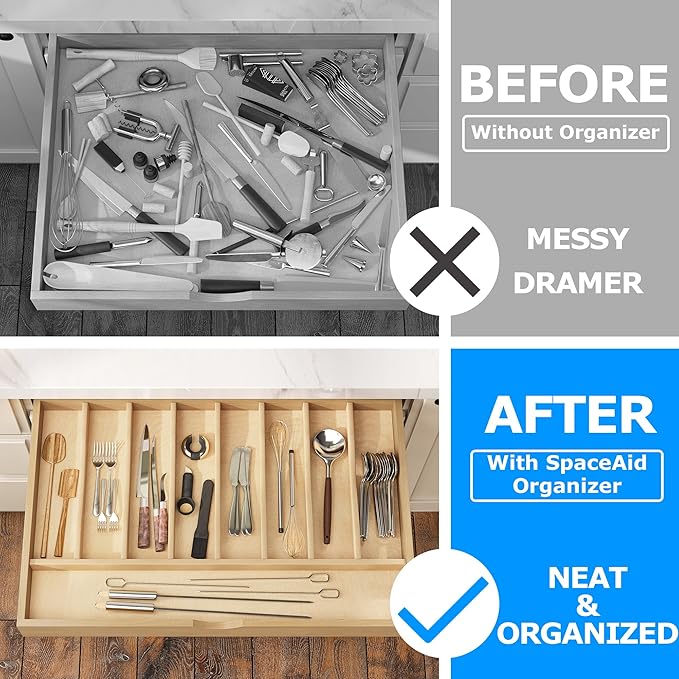 WelFurGeer Solid Birch Wood Silverware Drawer Organizer, Wooden Cutlery Drawer Organizer, Utensil Tray for Kitchen Drawers, Kitchen Utensil Organizer for Silverware, Flatware, Spoons, Forks, Knives