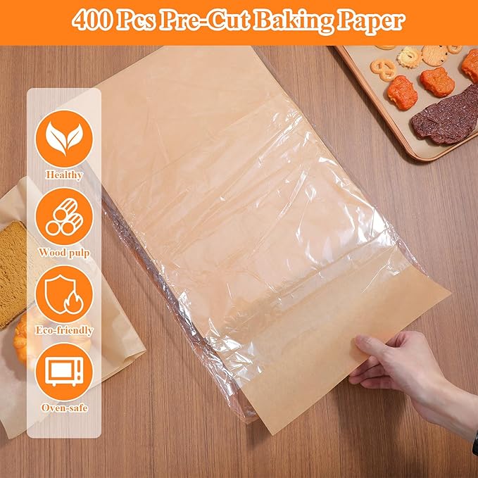 400Pcs Parchment Paper Sheets for Baking 12x16 Inch Non-Stick Precut Baking Half Sheet Parchment Paper Heavy Duty for Grilling Air Fryer Steaming Bread Cup Cake Cookie and More (Unbleached)