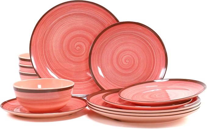 Melamine Plates and Bowls Sets, 12 Pcs Unbreakable Round Dinnerware Sets for 4, Decorative Reusable Kitchen Dishware, Lightweight for Camping RV Outdoor & Dishwasher Safe, Pink Thread