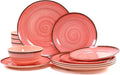 Melamine Plates and Bowls Sets, 12 Pcs Unbreakable Round Dinnerware Sets for 4, Decorative Reusable Kitchen Dishware, Lightweight for Camping RV Outdoor & Dishwasher Safe, Pink Thread