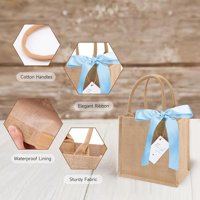 6 Pack Burlap Tote Bags with Handles Reusable Mini Jute Gift Bags with Blue Silk Ribbons Waterproof Lining for Wedding Bridesmaid Mother's Day Bachelorette Beach Party