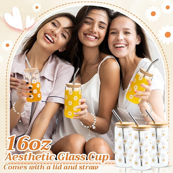 Vesici 73 Pcs Spa Sleepover Party Supplies Bulk Women 8 Sets Slumber Birthday Bridesmaid Gift Crochet Flower Glass Cup Eye Mask Hair Ties Gift Bag Bracelets Scrunchies Headband(Daisies,Beige)