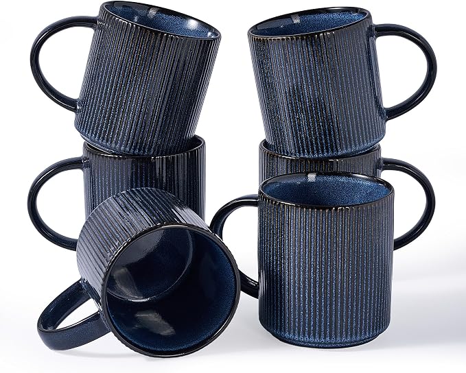 famiware Coffee Mug Set for 6, Star 16 oz Catering Mugs Cup Set with Handle for Coffee, Tea, Cocoa, Milk - Ceramic Stoneware Drinkware Set, Nebulas Blue