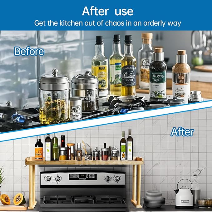 MAVOTER Over The Stove Top Shelf for Kitchen Bamboo Spice Rack Organizer for Back of Stove with Protective Lips & 6 Hooks,Easy Installation 33.5 * 4.5 * 13.4”