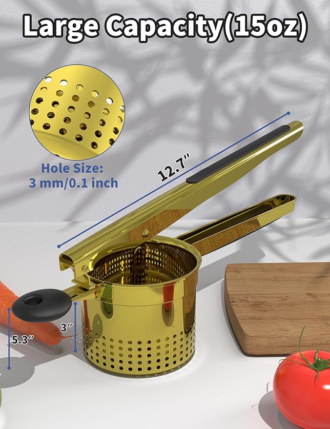 GloTika Large 15oz Potato Ricer, Heavy Duty Stainless Steel Ricer for Mashed Potatoes, Sweet Potato Masher Kitchen Tool with Ergonomic Handle, Press and Mash Kitchen Gadget, Gold