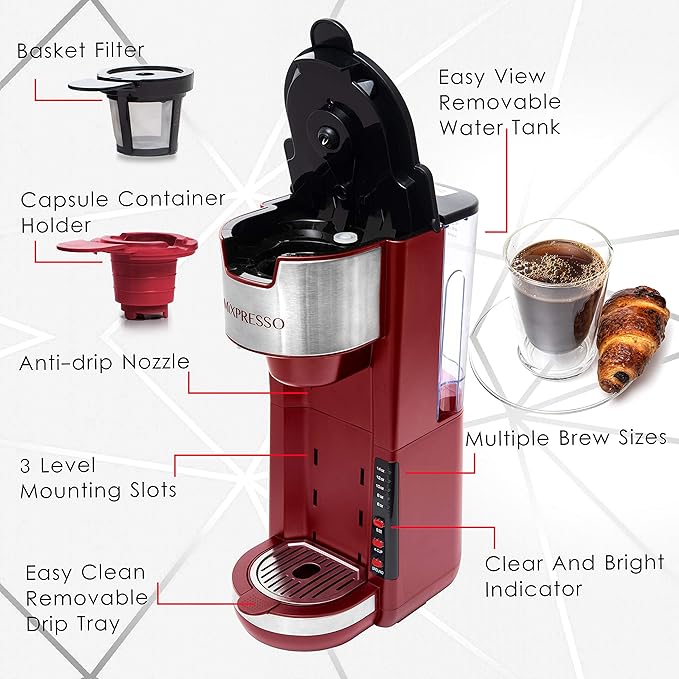 Mixpresso Red Single Serve Coffee Brewer K-Cup Pods Compatible & Ground, 30 oz Compact Coffee Maker Single Serve With 5 Brew Sizes Up To 14 Oz, Fits Travel Mug, Adjustable Drip Tray