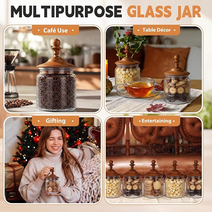 Suclain 6 Pack 17 oz Vintage Glass Jars with Wooden Crown Lids, Decorative Jars with Flower in the Window Pattern, Airtight Glass Food Storage Containers for Tea Coffee Spice Pantry Organization