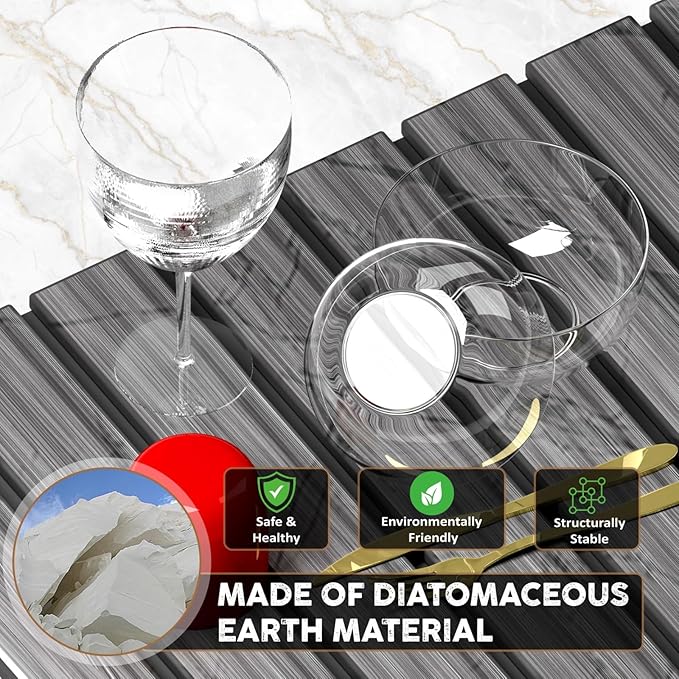 Foldable Stone Dish Drying Mat for Kitchen Counter, 24” x 16” Large Diatomaceous Earth Quick Dry Mat, Absorbent Sink Tray with Brush for Dishes, Cups, and Bottles
