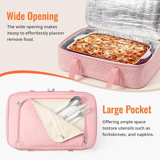 Insulated Casserole Carrier - Portable Casserole Carrier for Hot or Cold Food, Lasagna Holder for Parties,Picnic,Cookouts,Traveling - Fits 9" x 13" Baking Dish (Pink)