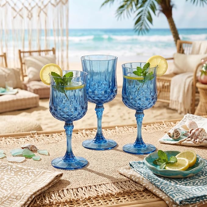 Pinkunn 50 Pcs 7 oz Plastic Vintage Wine Glasses Reusable Colored Goblets Patterned Drinking Water Glasses Cup Dishwasher Safe for Mother's Day Wedding Reception Party Supplies (Dark Blue)