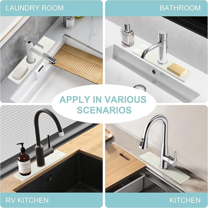 Faucet Mat for Kitchen Sink, Diatomite Fast Drying Stone Sink Tray, Super Absorbent, Prevents Moisture Buildup - Faucet Splash Guard for Bathroom Counter, Kitchen [White, 15.8" x 3.9"]