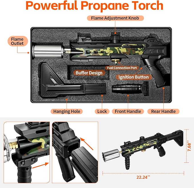 Propane Torch Gun with Adjustable Flame Thrower Gun | Tactical Propane Torch for BBQ, Searing Steak, Camping & Charcoal Starter (Tank Not Included)