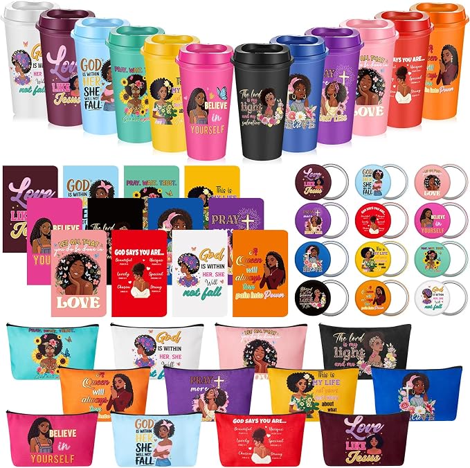 Hollowfly 12Set/48Pcs African Americans Black Women Christian Gifts Set Include 16oz African American Cup with Lid, Makeup Bags, Mirrors, Notepad, Black Owned Inspirational Gift for Women(Colorful)