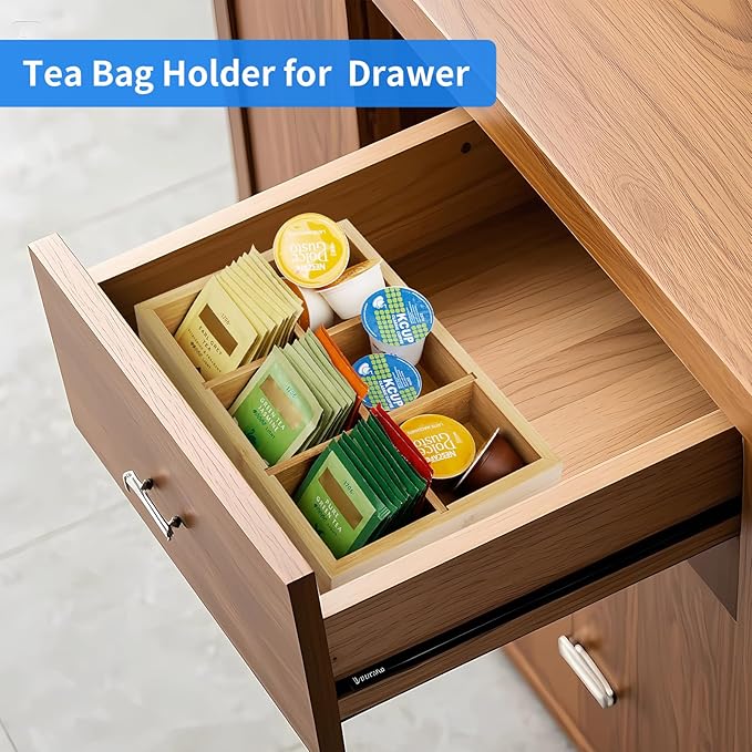 Wood Tea Bag Organizer with 6 Slots – Tea Bag Holder and Tea Organizer, Sugar Packet Storage for Countertops，Small Tea Packet Storage Box for Drawer, Removable Dividers,10 x 6.5 x 2.2inch