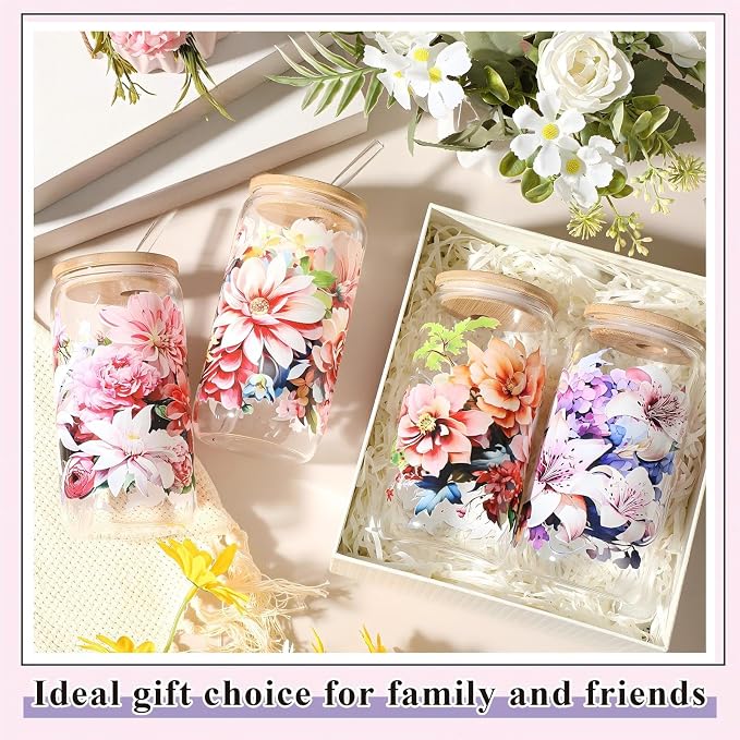 Mumufy 4 Pack Wildflower Glass Cups Gift Aesthetic Cute Glass Cup Tumbler Flower Iced Coffee Mugs 16 oz with Bamboo Lid & Straw, for Wedding Birthday Bridesmaid Mom Baby Shower